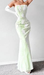 Vintage Green White Floral Beaded Embroidered Mesh Strapless Cocktail Formal Prom Dress Size S