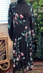 H&M  Knee Length Black Pink Polka Dot 3/4 Sleeve Floral Pattern Midi Tea Dress 6