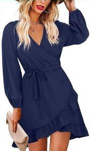 NEW OFEEFAN Casual Dresses V Neck Waist Tie Wrap Dress Long Sleeve Ruffle XL