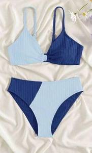 SheIn  Women’s Colorblock Ribbed Bikini 2 Piece Set Sz Large Triangle Cheeky Blue