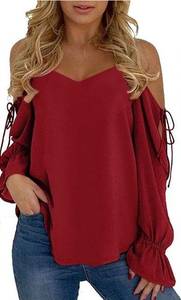 S Cold Shoulder Long Sleeve Tops for Women Lace-up Chiffon Casual Blouse