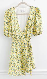 Dillards Lemon Print Yellow Puff Sleeve Wrap Dress