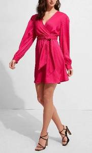 EXPRESS  Jacquard Satin Tie Waist Long Sleeve Mini Dress - Neon Berry Sz M