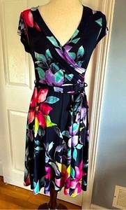 Janette Fashion Navy Blue Floral Faux Wrap Dress Size Small