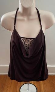 Y2K Brown With Animal Print Beaded Spaghetti Strap Top, size M