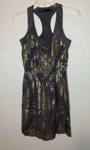 Akiko Womens Racerback Cinch Waist Dress 100% Silk  Grey Gold Overlay Sz X-Small