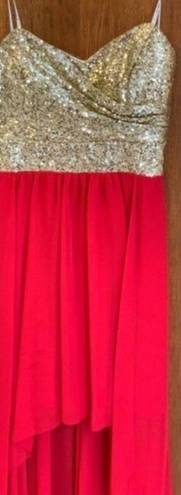 B Darlin  Strapless Red and Gold Sequin Top High Low Dress