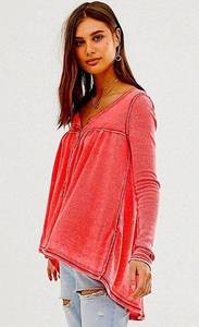 Free People  Red Thermal Waffle Knit Kai Relaxed Henley Shirt Size XS