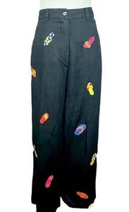 St Tropez West Black Linen Novelty Summer Shoe Print Pants 12