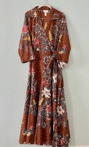 Brown Floral Sequin Embellished Handmade Batik Maxi Wrap Dress