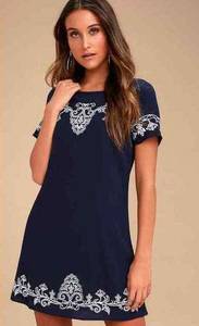 Lulus Lulu’s Women's Navy Embroidered Tale to Tell Shift Dress D3017 Size Medium