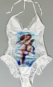 White Halter Frill Floral Lace Angel Cherubs Graphic Teddy Onesie Playsuit Bodysuit Lingerie Size S 🤍👼🏻✨