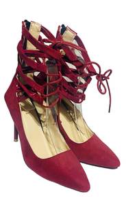 Deep Red High heels Pointed toe faux suede leather ankle straps sexy women sz.5