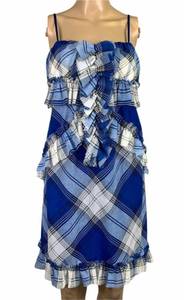 MM Couture by Miss Me Womens Mini Dress Plaid Raw Ruffled Hem Blue Medium