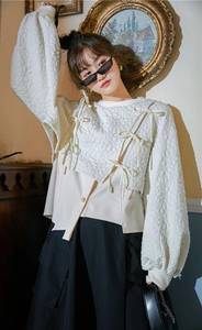 Sweatshirt sweater crop floral cream beige bow tie lace up lantern sleeve slit