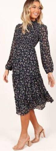 Petal and Pup  Edwina Shirred Frill Long Sleeve Midi Dress - NAVY FLORAL Size 4