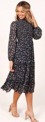 Petal and Pup  Edwina Shirred Frill Long Sleeve Midi Dress - NAVY FLORAL Size 4