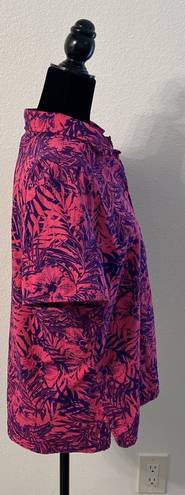 Basic Editions  Hot Pink & Purple Hibiscus Palm Leaves Floral Button Down Size XL