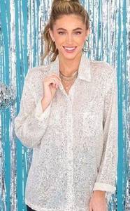 NWT Akira M White Sequin Button Down Blouse