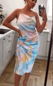 ZARA  pastel tie dye satin rainbow ruched ruched midi dress blogger size XS