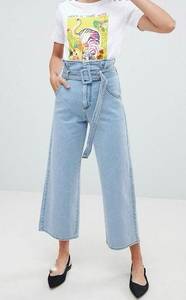 Stradivarious Paperbag Waist Wide Leg Crop Jeans Blue 4 Belt High Rise