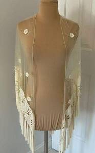 Sue Wong Nocturne Cream Beaded Crochet Trim Mesh Shawl