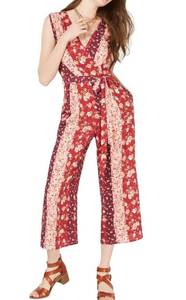 Speechless New  Floral Stripe Cropped Jumpsuit Sleeveless V-Neck Belt Red Pink