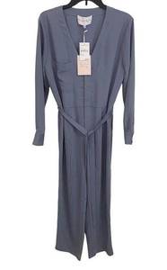 Charles Henry Jumpsuit Blue V-Neck Long Sleeve Tie Waist