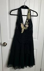 Vintage 90s y2k floral embroidered halter silk black ruched pleated party dress