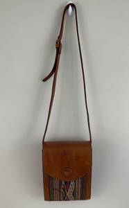 Vintage Southwestern Light Brown Faux Leather Tapestry Panel Crossbody Bag Purse