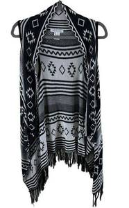 Hera Collection Black White Aztec Print Lightweight Open Sweater Vest Size M/L