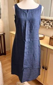 Vintage  346 100% Linen Midi Dress 8 Blue Sleeveless