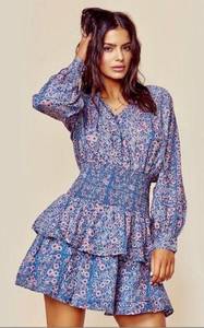 Cleobella Bianca Mini Dress Long Sleeve Blue Floral Pink Purple Boho Ruffle sz L