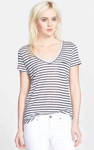 Paige Linnea Linen Striped Pocket V Neck Short Sleeve T-Shirt Blue White Small