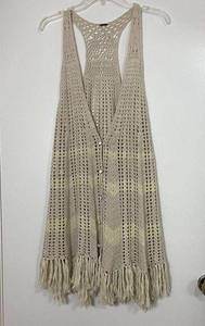 FREE PEOPLE tan knit silk blend Chevron crochet knit fringe boho vest size Large