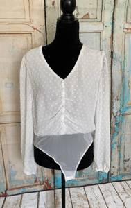 Shinestar Women’s Long Sleeve Sheer Textured Polka Dots White Bodysuit Sz Medium