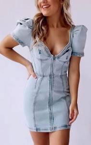 BUSTIER PUFF SLEEVE DENIM DRESS