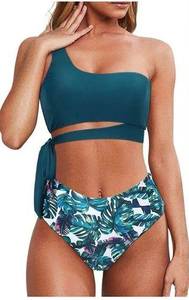 NEW MOOSLOVER 1 Shoulder High Waisted Bikini Tie High Cut Two Piece Swimsuits XL