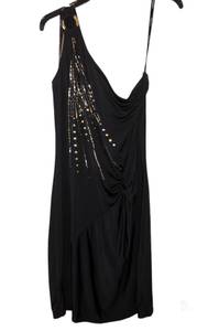 One Shoulder Vintage Y2K Studded Beaded Dress Black Gold 1X