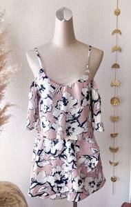 Sleeveless V Neck Overlay Floral Romper in Taupe