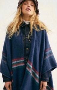 Free People Open Front Navy Blanket Fringe Poncho