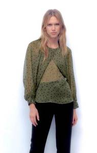 ZARA NWT  Women’s Army Green with Black Polka Dot sheer long sleeve blouse