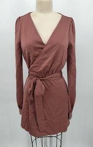 NWT NBD Janet Mini Wrap Dress Sz S Mauve Pink Puff Long Sleeve Revolve Satin