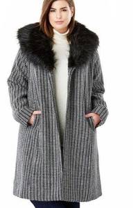 Jessica London Black White Tweed Mid-Length Faux Fur Collar Coat 16W