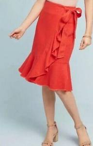 Holding Horses Anthropologie Red Linen Midi Ruffle Wrap Skirt SZ 0