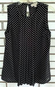 Michael Kors Pleated Blouse Sleeveless Black w/ Polka Dots Keyhole Back 2X