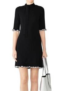 See by Chloé Black Wool Mini Shift Dress Preppy Bow Detail Metallic Trim Small