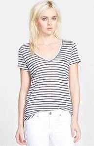 Paige  Linnea Linen Striped Pocket V Neck Short Sleeve T-Shirt Blue White Small