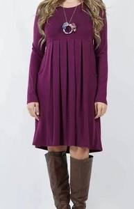 Zenana  Premium Pleated Long Sleeve Plum Dress