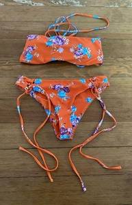 Zaful  Orange Floral Lace Up Bikini Tropical Small Bandeau Top Cheeky Bottom